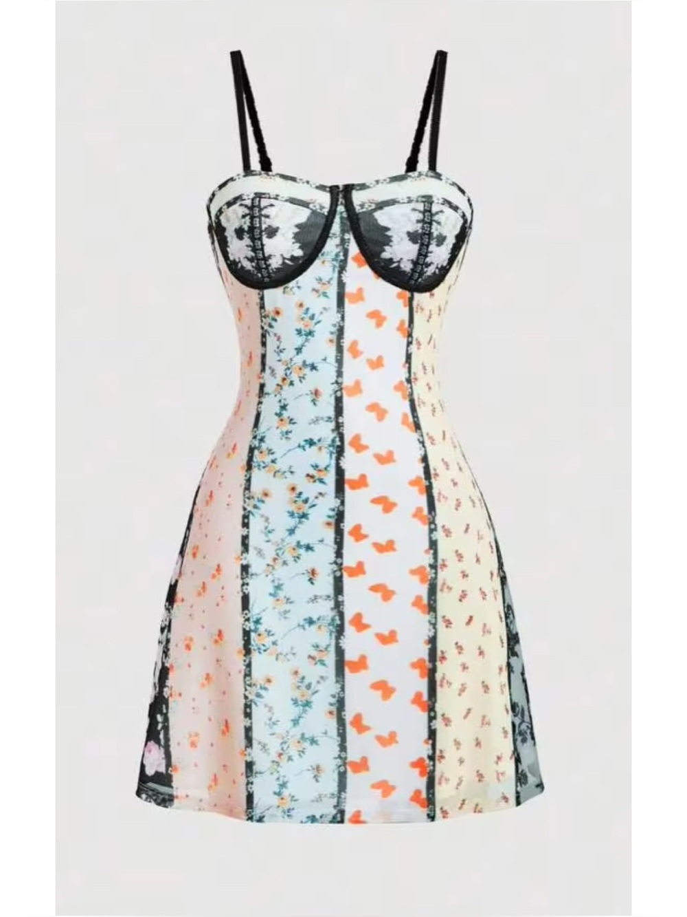 SHEIN Mixed Print Floral & Butterfly Mesh Mini Dress Vertical Patchwork